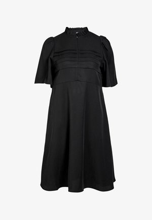 Fekete ruha magas fodros nyakkivágással, rövid puffujjakkal és plisszírozott dekoltázzsal. Sima textúra, térdig érő szegély, egyszerű dizájn.