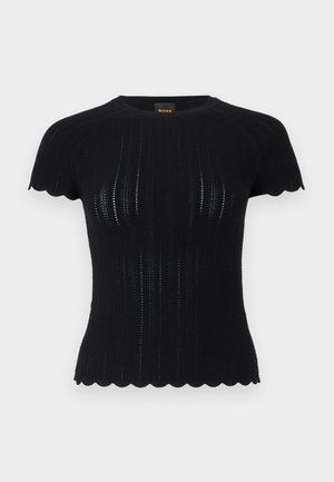 Haut en maille noir à manches courtes avec bords festonnés et motif vertical en maille ajourée, coupe ajustée et encolure ronde.