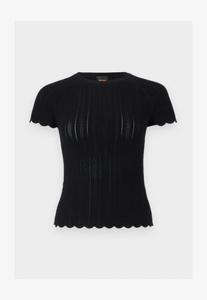 Μαύρο κοντομάνικο πλεκτό τοπ με κυματιστά τελειώματα και κάθετο ανοιχτό πλεκτό σχέδιο, στενή εφαρμογή και στρογγυλή λαιμόκοψη.