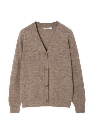 Brown wool cardigan with a v-neck, featuring six buttons and ribbed cuffs. Soft texture with a subtle heathered pattern.