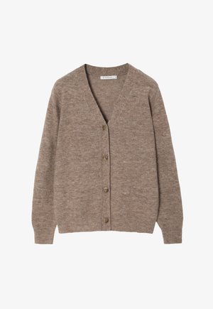 Cardigan de lana marrón con escote en V, con seis botones y puños acanalados. Textura suave con un sutil patrón jaspeado.