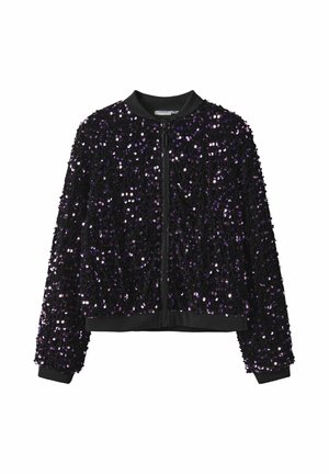 Schwarze Bomberjacke mit lila Pailletten, die die Außenseite bedecken, ausgestattet mit gerippten Bündchen, Kragen und einem Reißverschluss auf der Vorderseite.