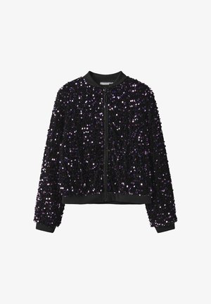 Veste pilote noire recouverte de sequins violets sur la surface extérieure, avec des poignets côtelés, un col et une fermeture éclair à l'avant.