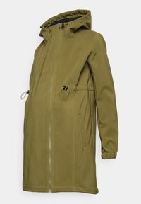 Veste de maternité vert olive avec fermeture éclair à l'avant, taille à cordon réglable, capuche et poches latérales ; tissu lisse avec une finition légèrement texturée.