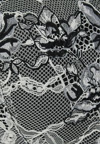 Mustavalkoinen kukkakuvioinen pitsikangas, jossa on monimutkaisia kukkien ja lehtien kuvioita hienon verkkomaisen taustan päällä.