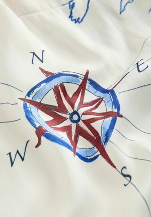 Rød og blå kompasrose med kardinalretningerne (N, S, Ø, V) på rynket hvidt stofbaggrund.