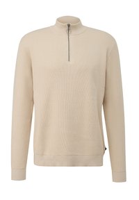Beige pullover sweatshirt met een hoge kraag, halve rits, ribbelstructuur en lange mouwen. Voorzien van een zijlogo-label.
