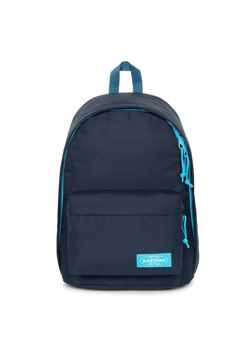 Zaino blu navy realizzato in tessuto resistente, con una tasca frontale, dettagli in zip turchese e una maniglia superiore per un trasporto semplice.