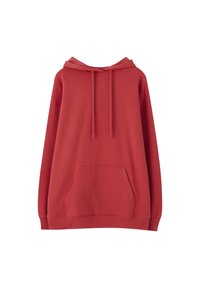 Sweat à capuche rouge à enfiler avec poche kangourou sur le devant, cordon de serrage à la capuche et poignets et ourlet en côte, présenté sur fond blanc.