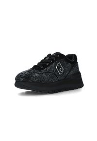 Sneaker neri con decorazioni in strass, tessuto texturizzato, chiusura con lacci e suola imbottita per maggiore altezza e comfort.