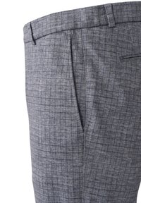 Grau karierte Hose aus strukturierter Stoffqualität mit seitlichen Taschen und flachem Schnitt. Der Bund ist mit Gürtelschlaufen versehen.