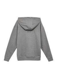 Szara bluza z kapturem i długimi rękawami, z nadrukiem "F.U.T." w czerni na środku górnej części pleców.