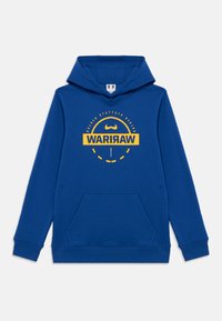 Felpa blu realizzata in morbido tessuto, con una grafica centrale gialla che riporta la parola "WARRIORS", tasca a marsupio e polsini a costine.