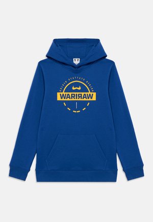 Sudadera azul de tela suave, con un gráfico central amarillo con la palabra "GUERREROS", bolsillo tipo canguro y puños acanalados.