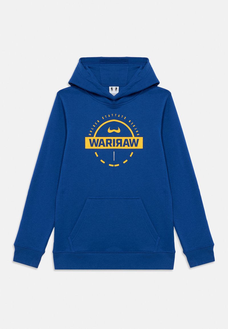 Felpa blu realizzata in morbido tessuto, con una grafica centrale gialla che riporta la parola "WARRIORS", tasca a marsupio e polsini a costine.