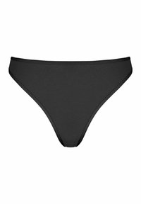 Schwarze Stringunterwäsche mit glatter Textur, minimalistischem Design und elastischen Kanten für einen sicheren Sitz.