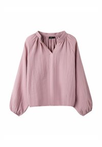 Pikkade varrukatega heleroosa pluus V-kaelusega, õlgadel kogutud detailid ja elastsed mansetid; tehtud tekstuurse, kergest kangast.