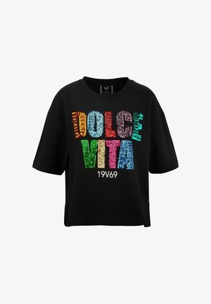 T-shirt noir à manches courtes avec texte coloré en sequins "DOLCE VITA" et "19V69" imprimé en blanc sous le texte à l'avant.