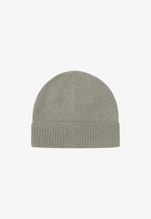 Beanie grigia lavorata a maglia con cuffia a coste ripiegata, cima rotonda senza cuciture e motivo di punto fine.