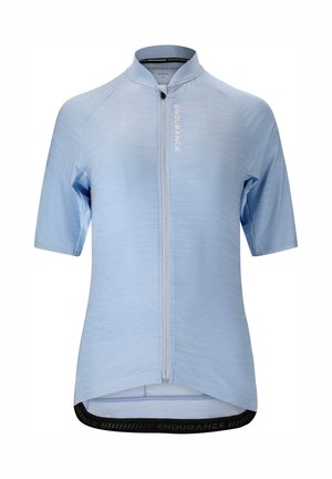 Hellblaues Radsporttrikot mit kurzen Ärmeln, durchgehendem Frontreißverschluss, Stehkragen und der Aufschrift "ENDURANCE" auf der Brust und am Saum.