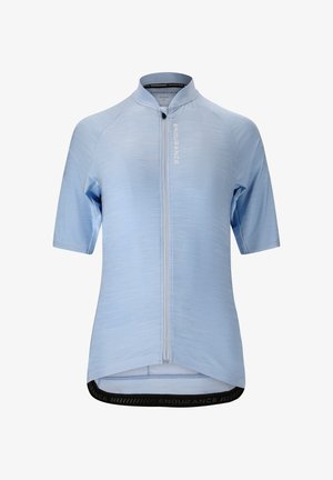 Hellblaues Radsporttrikot mit kurzen Ärmeln, durchgehendem Frontreißverschluss, Stehkragen und der Aufschrift "ENDURANCE" auf der Brust und am Saum.