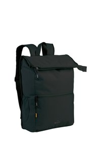 Groene nylon rugzak met een opvouwbare klep, twee ritsen en verstelbare banden. Bevat een zijvak en een logo nabij de onderkant.