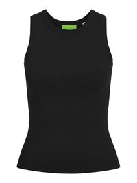 Top senza maniche di colore nero realizzato in cotone a coste. Presenta un collo rotondo e una silhouette aderente. Nessun motivo o accessorio visibile.