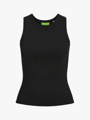 Czarna, bez rękawów, koszulka na ramiączkach wykonana z prążkowanej bawełny. Charakteryzuje się okrągłym dekoltem i dopasowanym krojem. Bez widocznych wzorów czy dodatków.