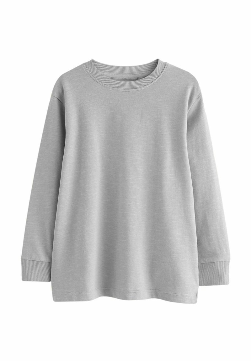 Graues Langarmshirt aus weichem Baumwollstoff, mit Rundhalsausschnitt, gerippten Bündchen und lockerer Passform. Glatte Textur ohne Muster.