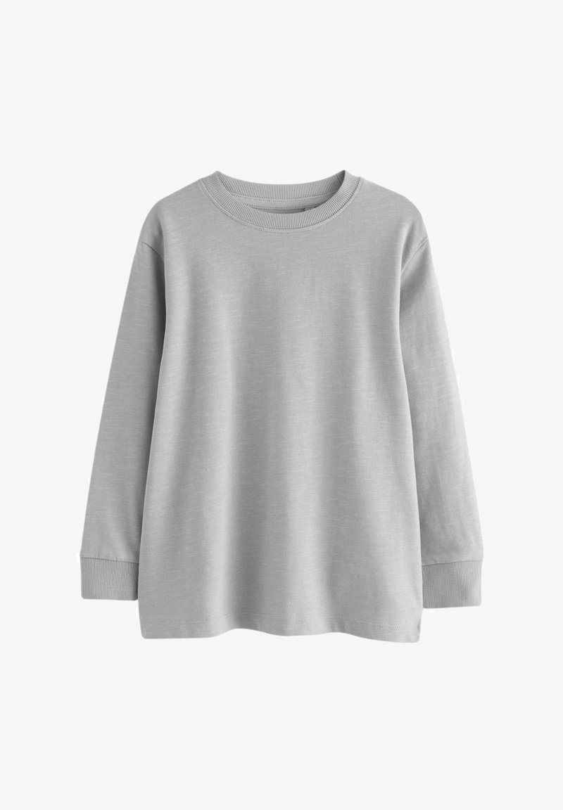 Graues Langarmshirt aus weichem Baumwollstoff, mit Rundhalsausschnitt, gerippten Bündchen und lockerer Passform. Glatte Textur ohne Muster.