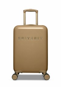 Harde koffer in een metallic gouden kleur met een gladde textuur, voorzien van een telescopische handgreep en vier wielen voor mobiliteit.