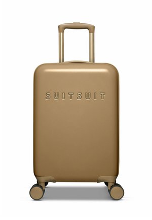 Harde koffer in een metallic gouden kleur met een gladde textuur, voorzien van een telescopische handgreep en vier wielen voor mobiliteit.