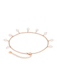 Braccialetto in oro rosa caratterizzato da piccole perle bianche rotonde equidistanti lungo una delicata catena, con chiusura sicura e lunghezza regolabile.