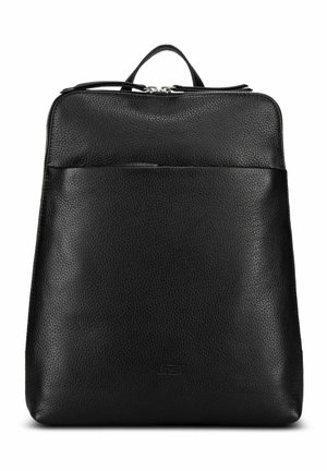 Sac à dos en cuir noir avec surface texturée, poche zippée frontale, poignée supérieure et fermeture éclair double argentée.