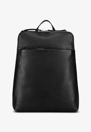 Sac à dos en cuir noir avec surface texturée, poche zippée frontale, poignée supérieure et fermeture éclair double argentée.