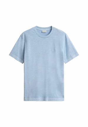 Light blue short-sleeve crew neck t-shirt with subtle texture and small chest logo, displayed on white background.