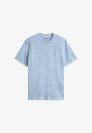 Light blue short-sleeve crew neck t-shirt with subtle texture and small chest logo, displayed on white background.