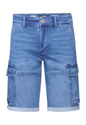 Lichtblauwe denim cargoshorts met zijzakken, een knoopsluiting en opgerolde zoom. Glad textiel met subtiele vervagingdetails.