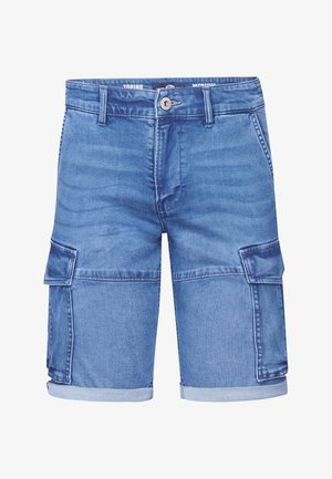 Shorts cargo din denim de culoare albastră deschisă, cu buzunare laterale, închidere cu nasture și tiv răsucit. Textură netedă cu detalii subtile de decolorare.