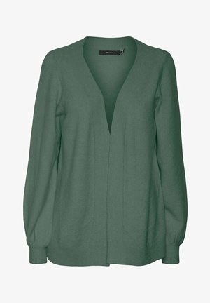 Green knitted cardigan with a deep V-neck, long sleeves, and ribbed detailing along the edges. Soft, textured fabric with a relaxed fit.