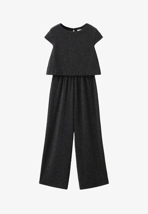 Mono negro con mangas cortas y un top holgado. El material tiene un ligero brillo, con diseño de pantalones de pierna ancha. Cintura elástica.