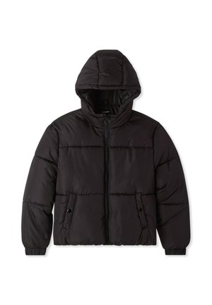 Giacca a vento nera con cappuccio, dotata di zip frontale, texture trapuntata, polsini elasticizzati e due tasche frontali con chiusura a scatto.