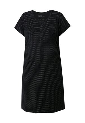 Černé těhotenské šaty s krátkým rukávem, s dekoltem do V, s knoflíkovou légou a bílým puntíkovaným vzorem po celé ploše. Měkká textilie.