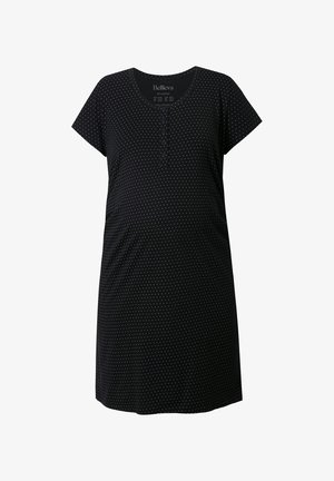 Černé těhotenské šaty s krátkým rukávem, s dekoltem do V, s knoflíkovou légou a bílým puntíkovaným vzorem po celé ploše. Měkká textilie.