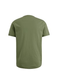 T-shirt verde oliva a maniche corte, colletto tondo, realizzato in cotone. Texture liscia con un design semplice e senza decorazioni sul retro.