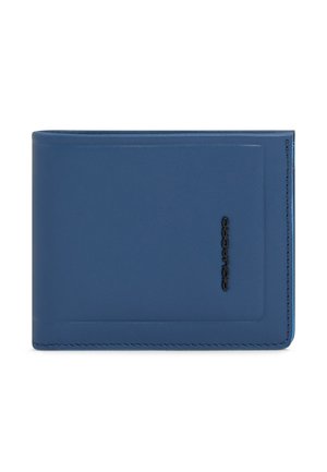 Portefeuille bifold en cuir bleu avec logo embossé noir sur le devant, détails de couture rectangulaires le long des bords.
