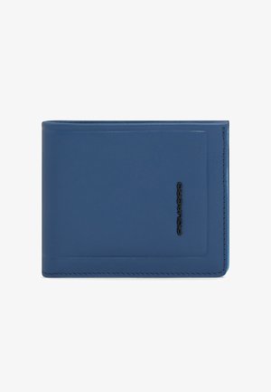 Blue leather bifold wallet with black embossed logo on the front, rectangular stitching details along edges.