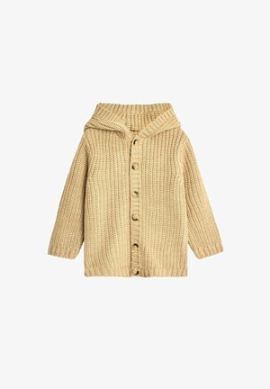 Adīts bēšs džemperis ar kapuci, ar strukturētu rakstu, septiņām koka pogām priekšpusē un garām piedurknēm.