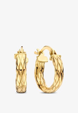 Goldene Creolen mit geflochtenem Design, glänzender, strukturierter Oberfläche und sicherem Klappverschluss. Runde und längliche Formen.