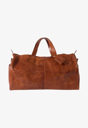 Braune Ledertasche mit glatter Textur, doppelten oberen Griffen, Reißverschluss und rechteckiger Form. Verfügt über ein kleines angehängtes Etikett.